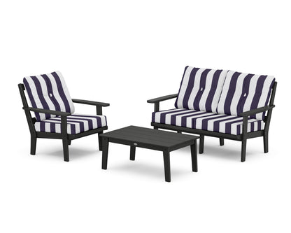 POLYWOOD® Oxford 3-Piece Deep Seating Set with Loveseat in Black / Cabana Stripe Navy