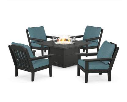 Country Living Cottage 5-Piece Deep Seating Set with Fire Pit Table in Black / Ocean Teal