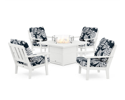 POLYWOOD® Oxford 5-Piece Deep Seating Set with Fire Pit Table in White / Leaf Marine Indigo