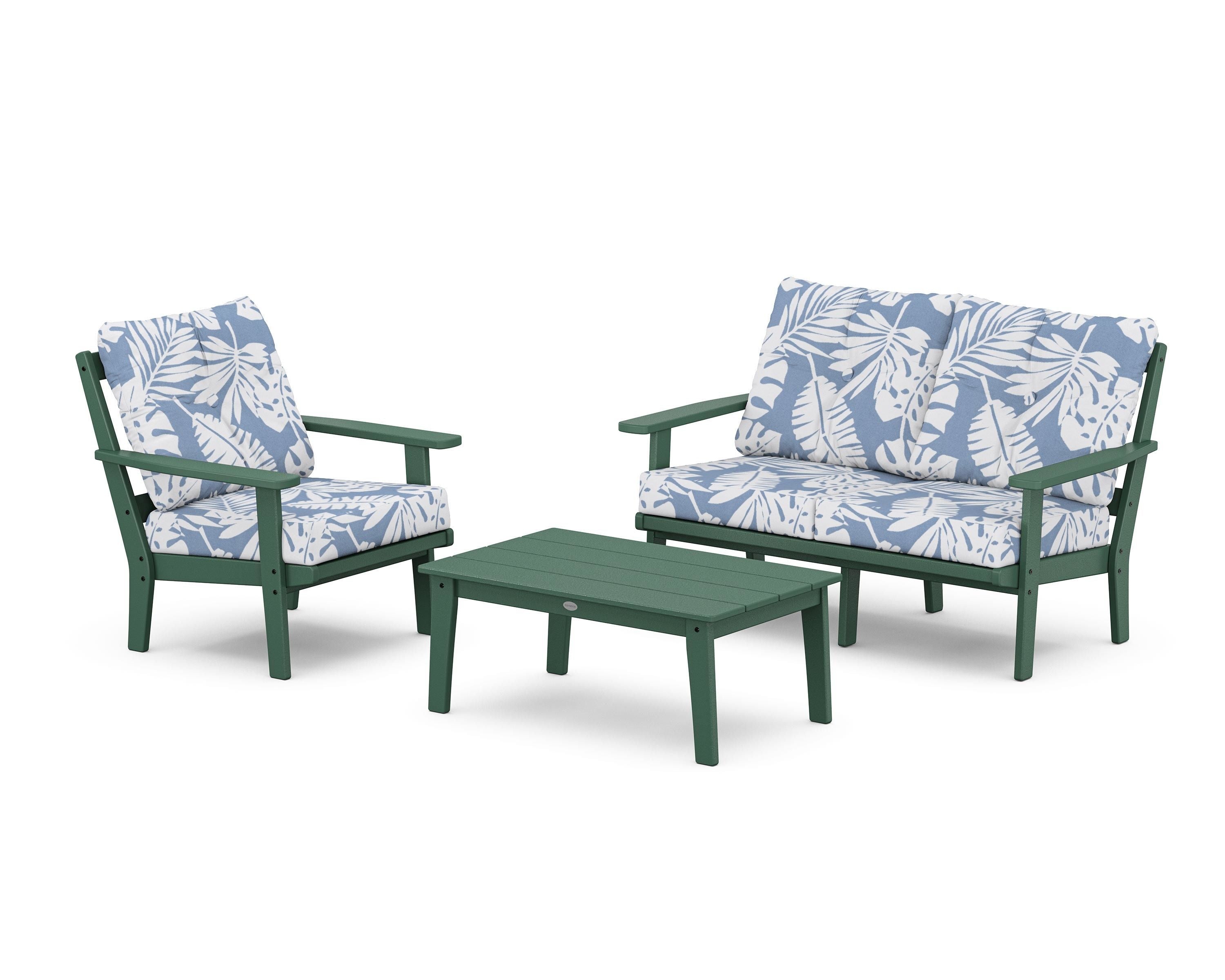 POLYWOOD® Oxford 3-Piece Deep Seating Set with Loveseat in Green / Leaf Sky Blue