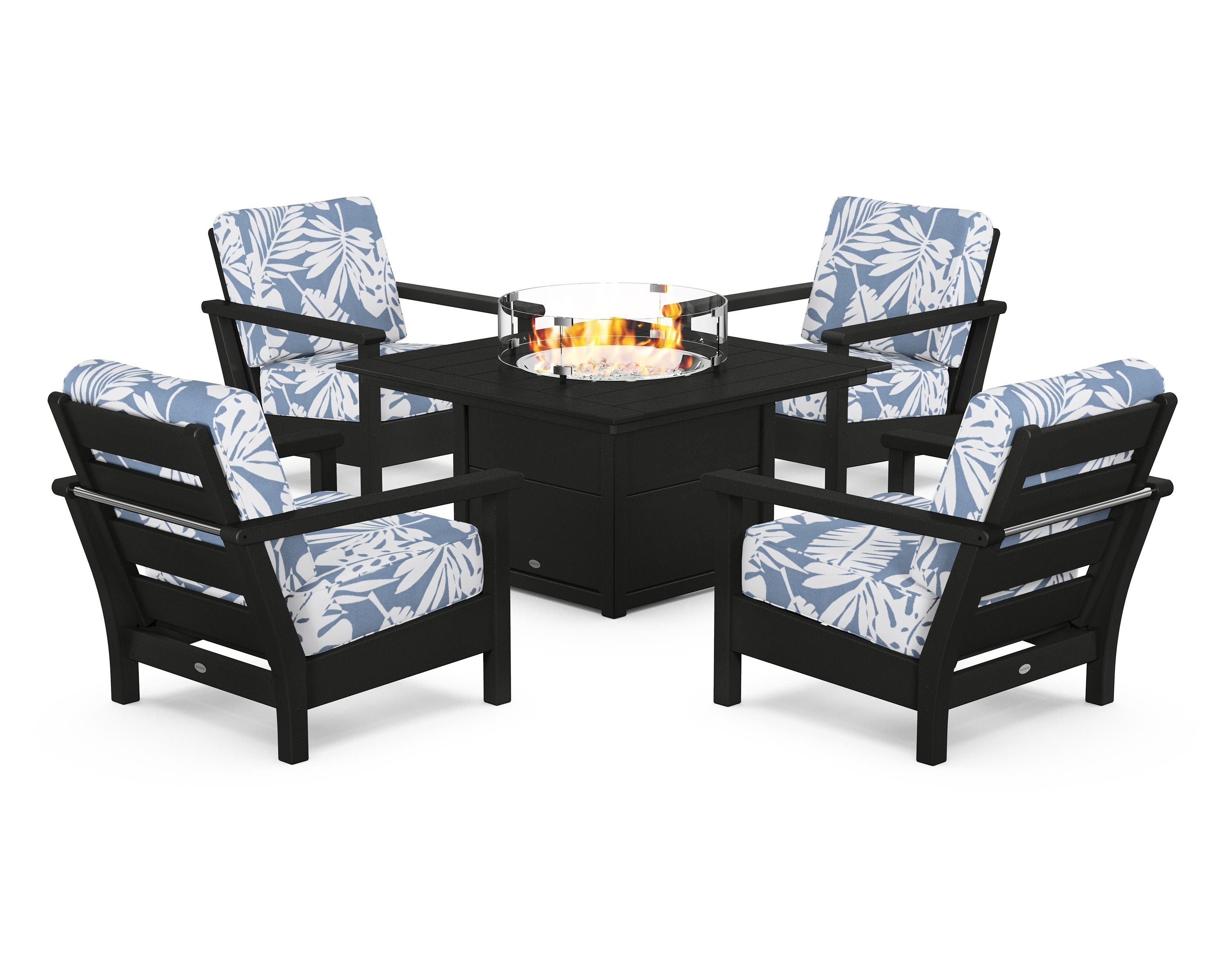 POLYWOOD® Harbour 5-Piece Conversation Set with Fire Pit Table in Black / Leaf Sky Blue