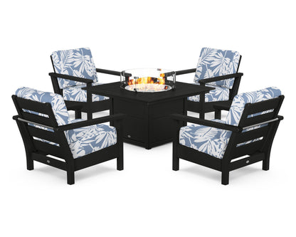 POLYWOOD® Harbour 5-Piece Conversation Set with Fire Pit Table in Black / Leaf Sky Blue