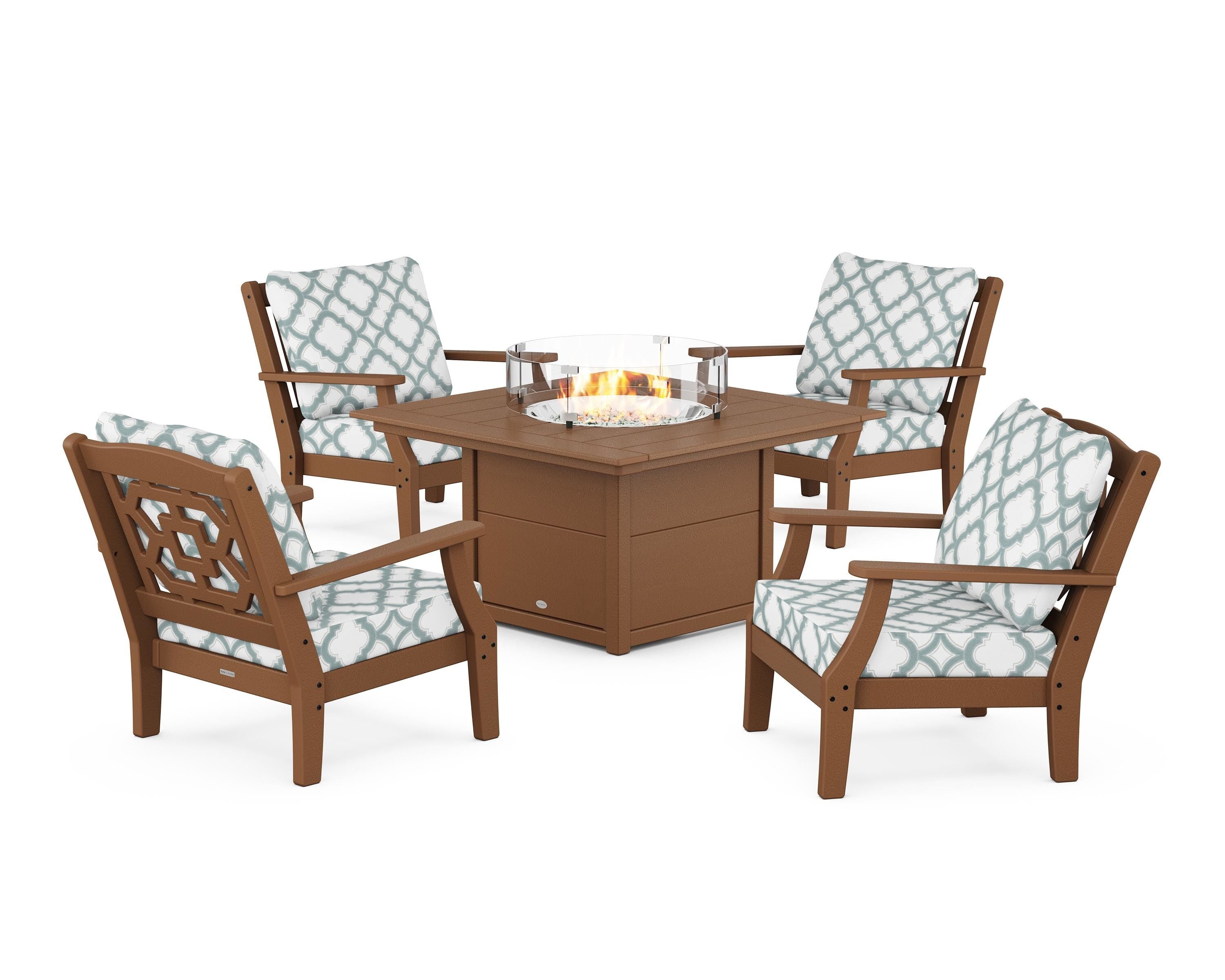 Martha Stewart by POLYWOOD® Chinoiserie 5-Piece Deep Seating Set with Fire Pit Table in Teak / Trellis Glacier Spa