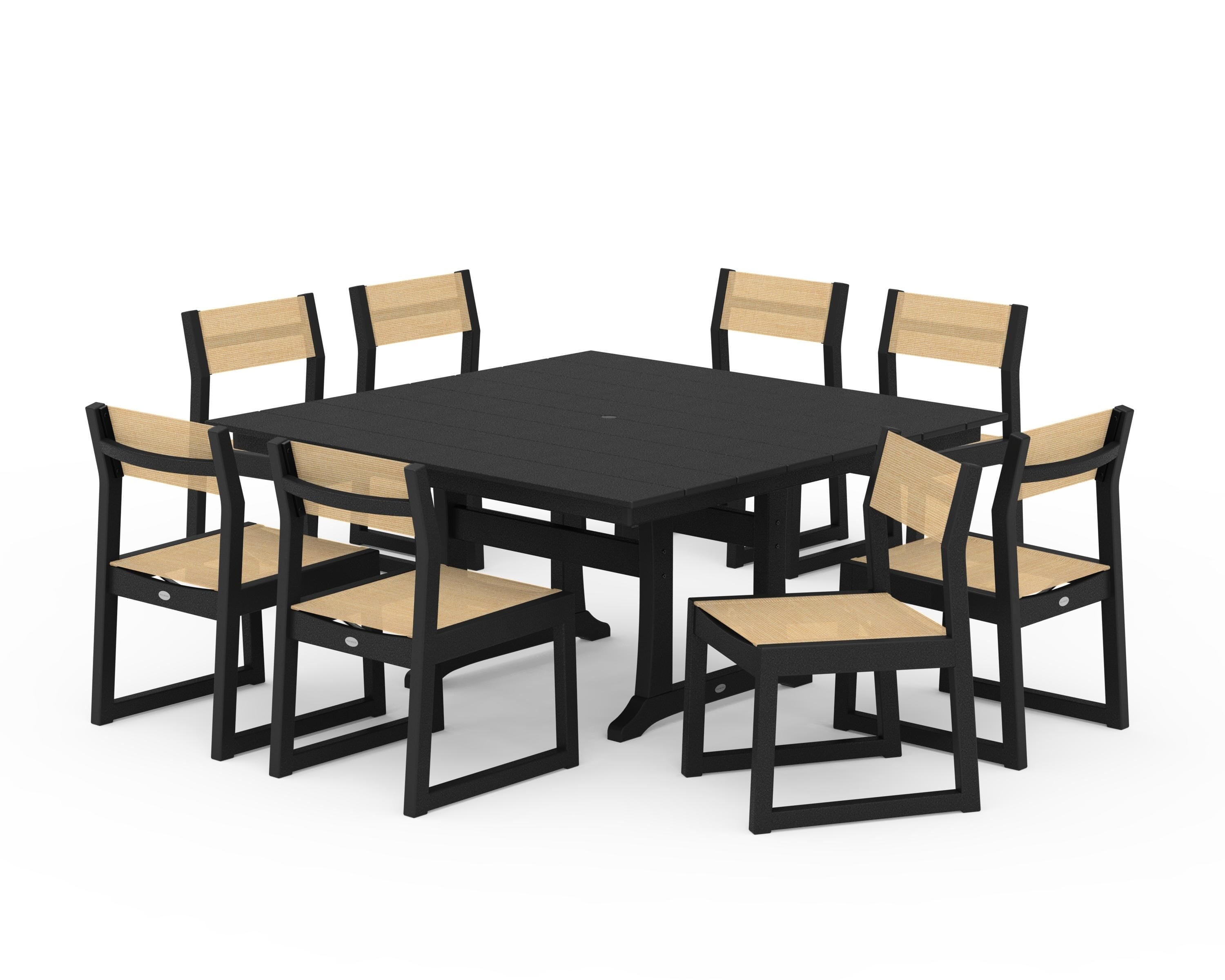 POLYWOOD® EDGE Sling Side Chair 9-Piece Farmhouse Trestle Dining Set in Black / Dupioni Apricot Sling