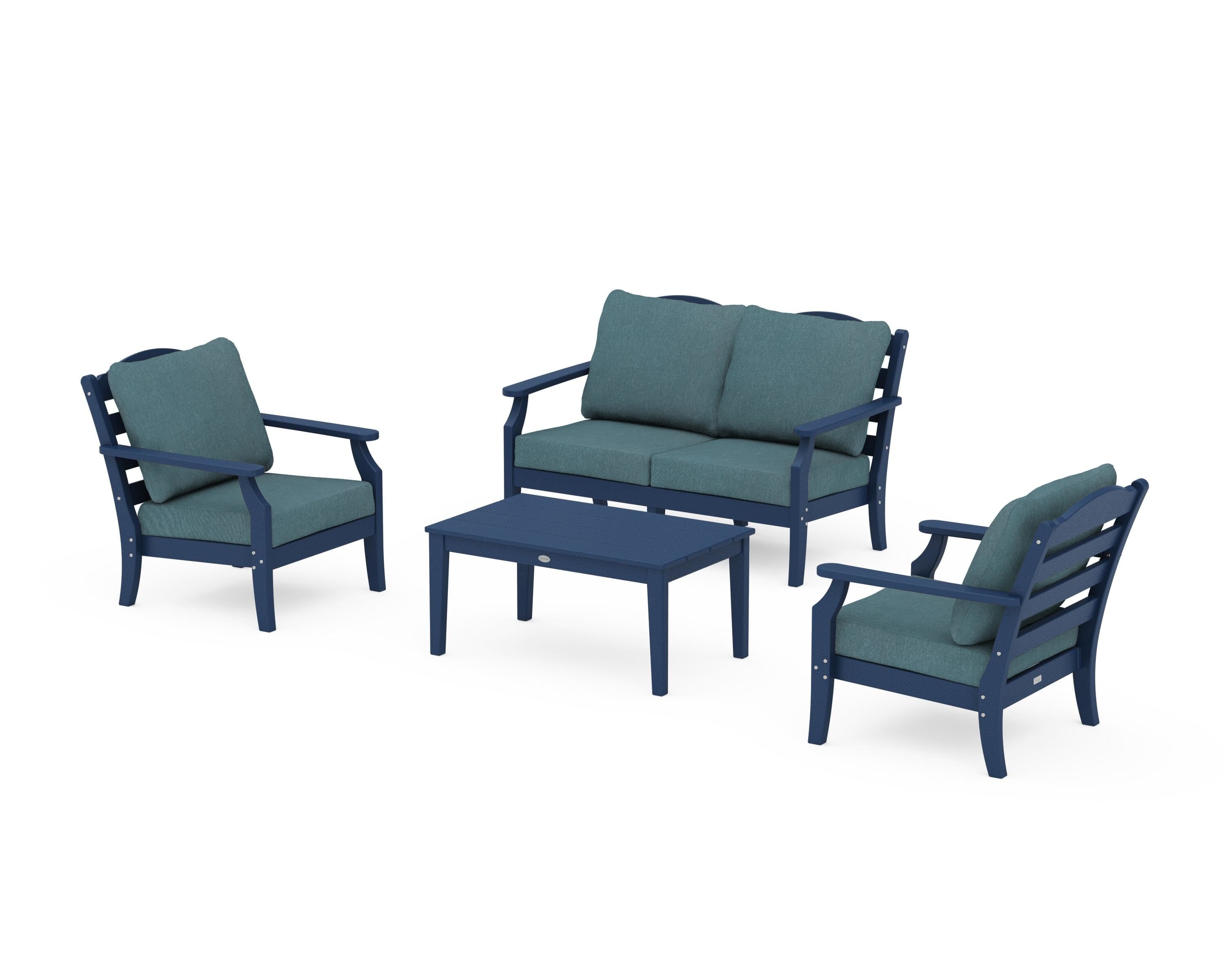 Draper James™ by  POLYWOOD® Savannah 4-Piece Deep Seating Set with Loveseat in Navy / Ocean Teal