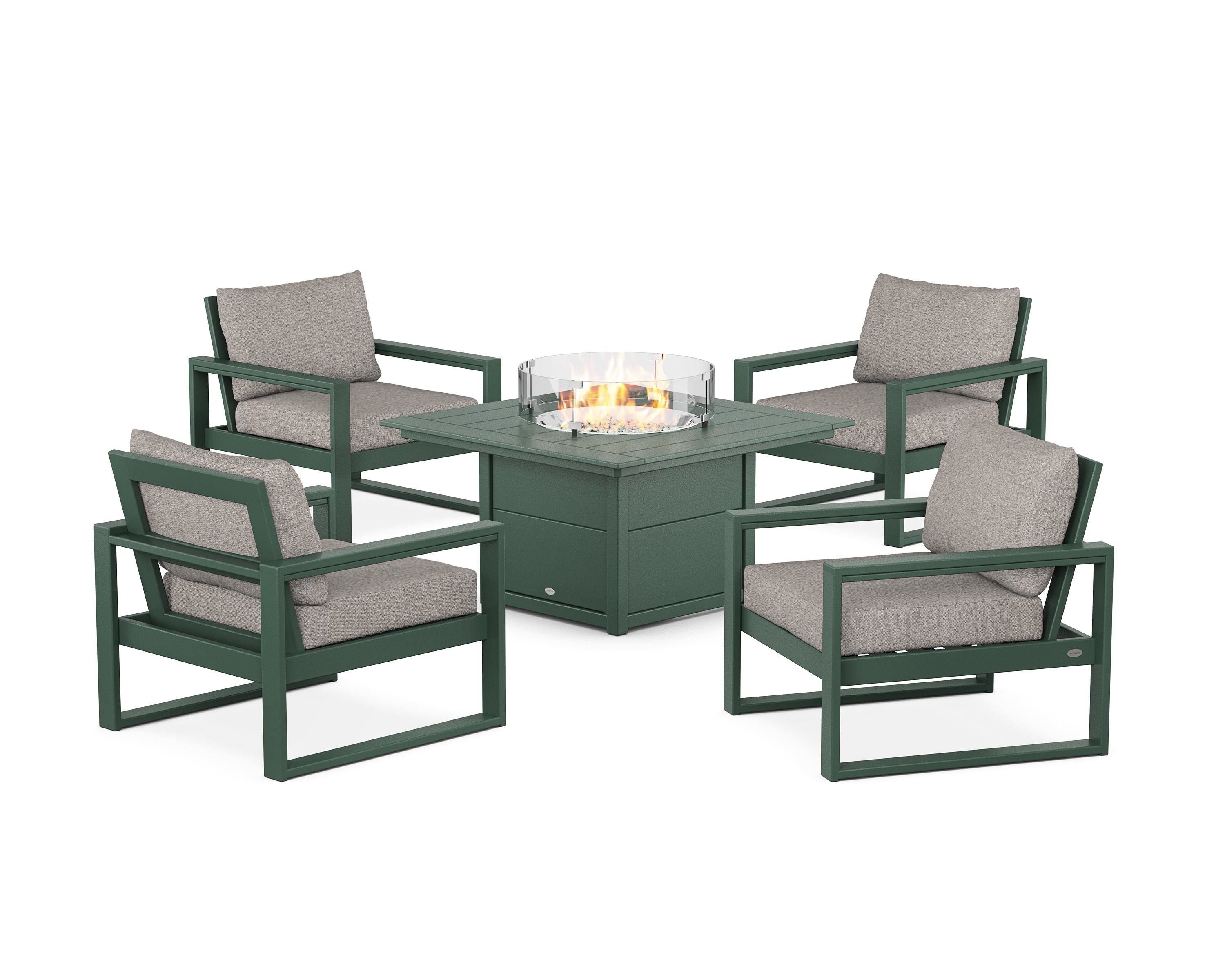 POLYWOOD® EDGE Sectional 5-Piece Deep Seating Set with Fire Pit Table in Green / Weathered Tweed