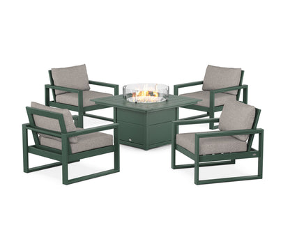 POLYWOOD® EDGE Sectional 5-Piece Deep Seating Set with Fire Pit Table in Green / Weathered Tweed
