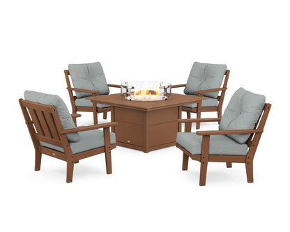 POLYWOOD® Oxford 5-Piece Deep Seating Set with Fire Pit Table in Teak / Spa
