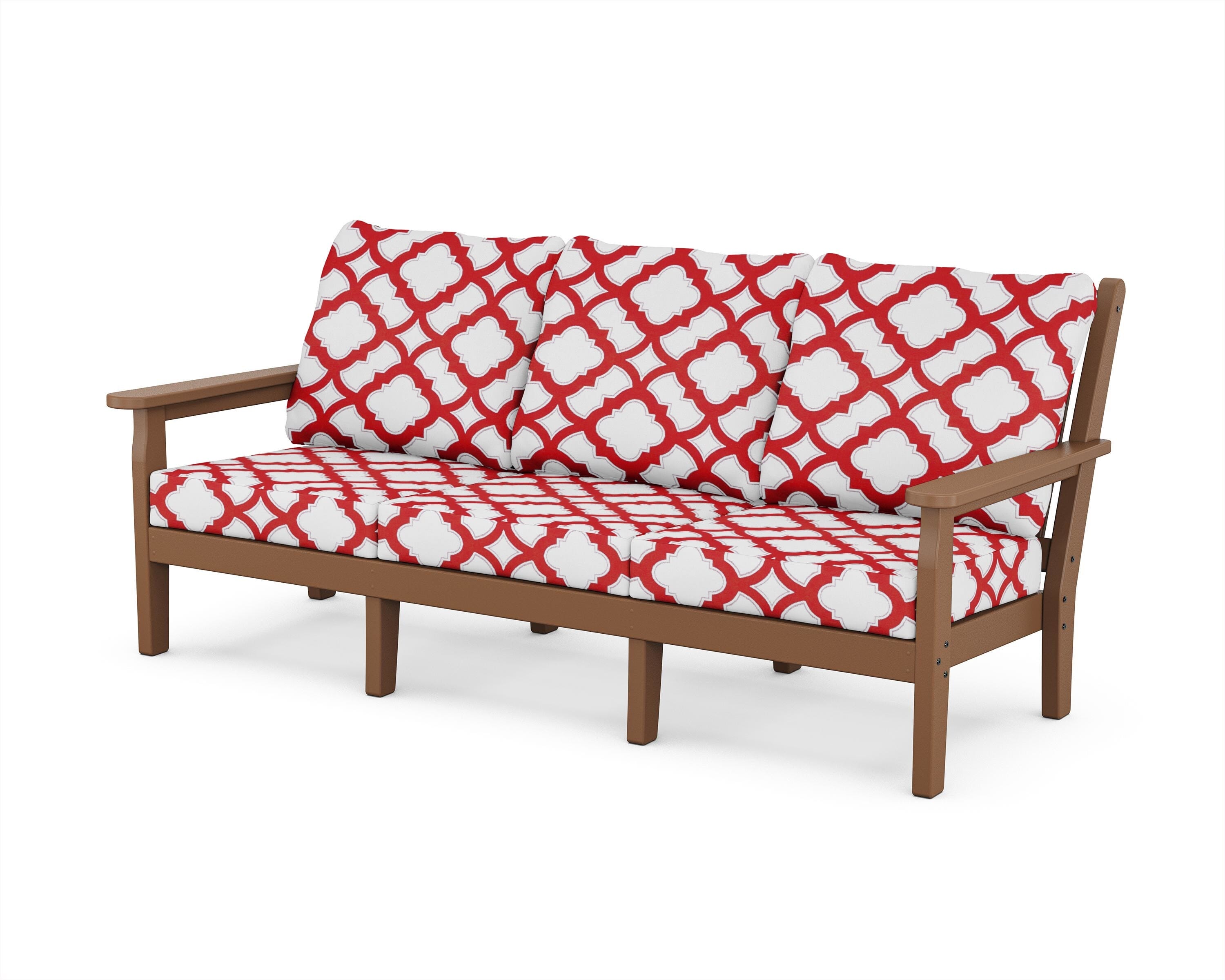 POLYWOOD® Chippendale Deep Seating Sofa in Teak / Trellis Crimson
