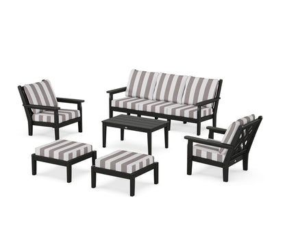 POLYWOOD® Chippendale 6-Piece Lounge Sofa Set in Black / Cabana Stripe Grey Mist