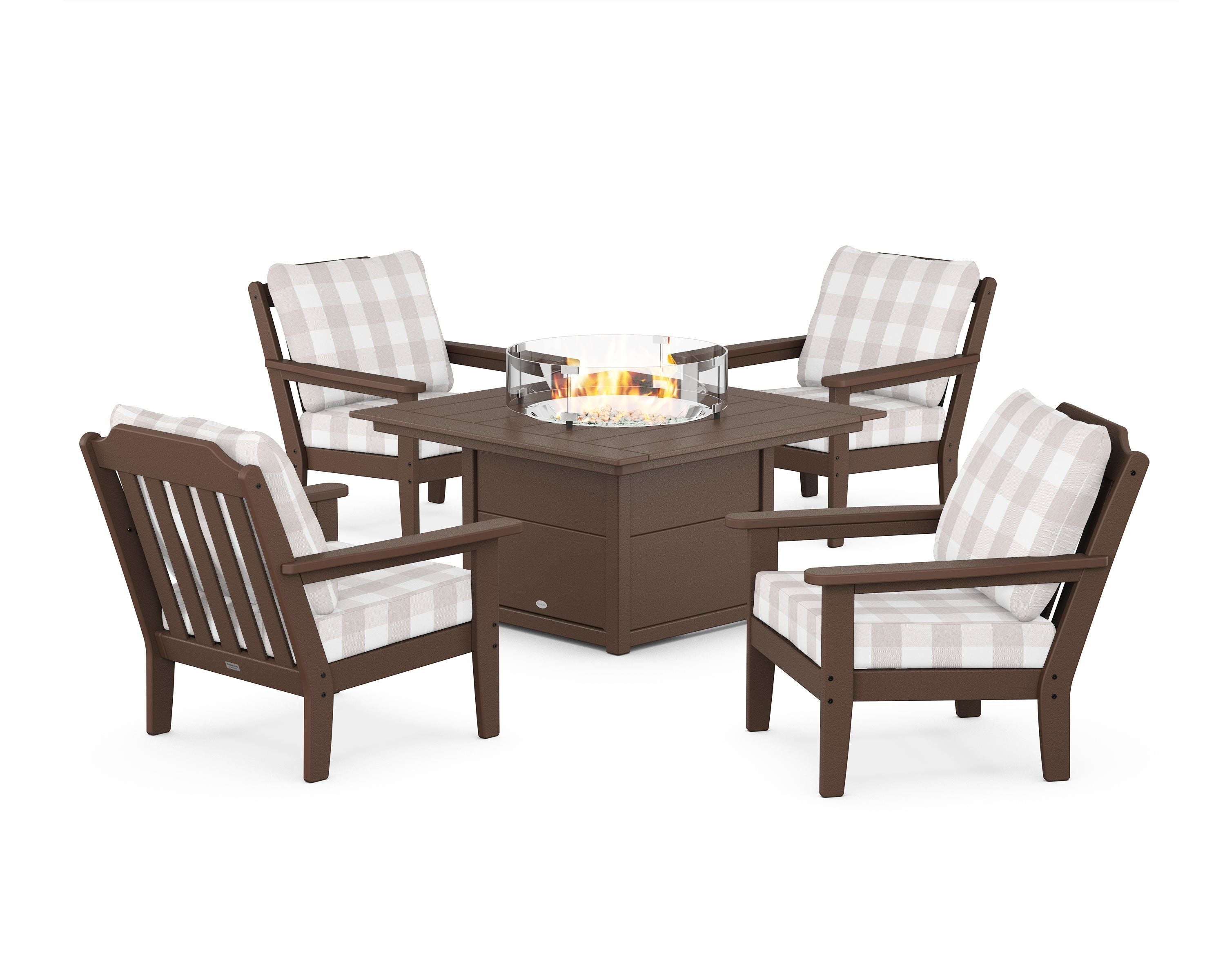 Country Living Cottage 5-Piece Deep Seating Set with Fire Pit Table in Mahogany / Buffalo Plaid Dune Burlap
