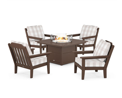 Country Living Cottage 5-Piece Deep Seating Set with Fire Pit Table in Mahogany / Buffalo Plaid Dune Burlap