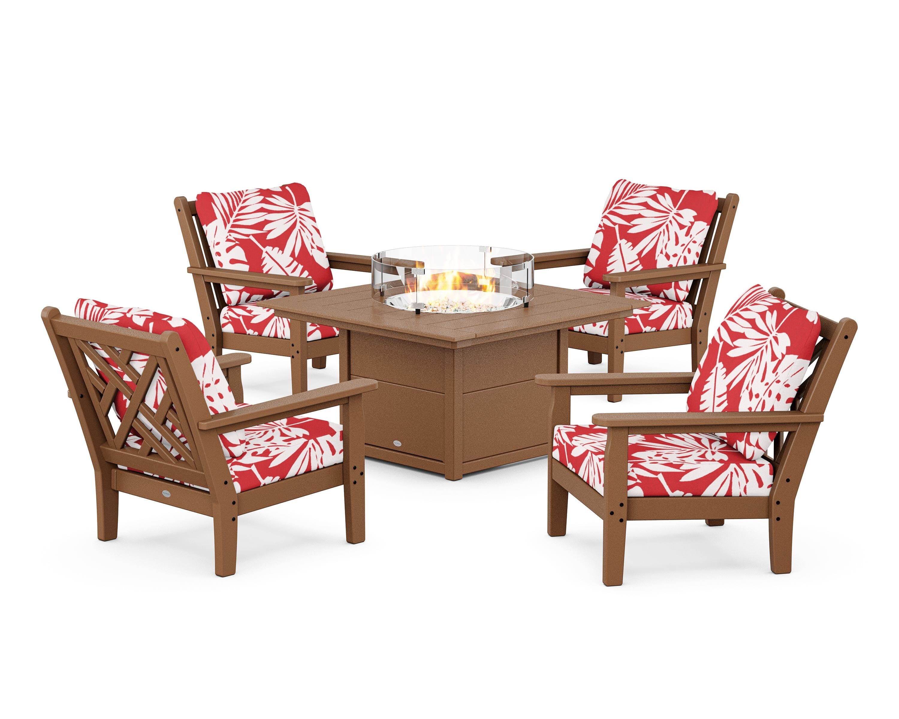 POLYWOOD® Chippendale 5-Piece Deep Seating Set with Fire Pit Table in Teak / Leaf Crimson
