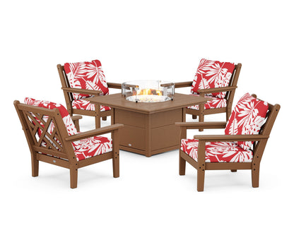 POLYWOOD® Chippendale 5-Piece Deep Seating Set with Fire Pit Table in Teak / Leaf Crimson