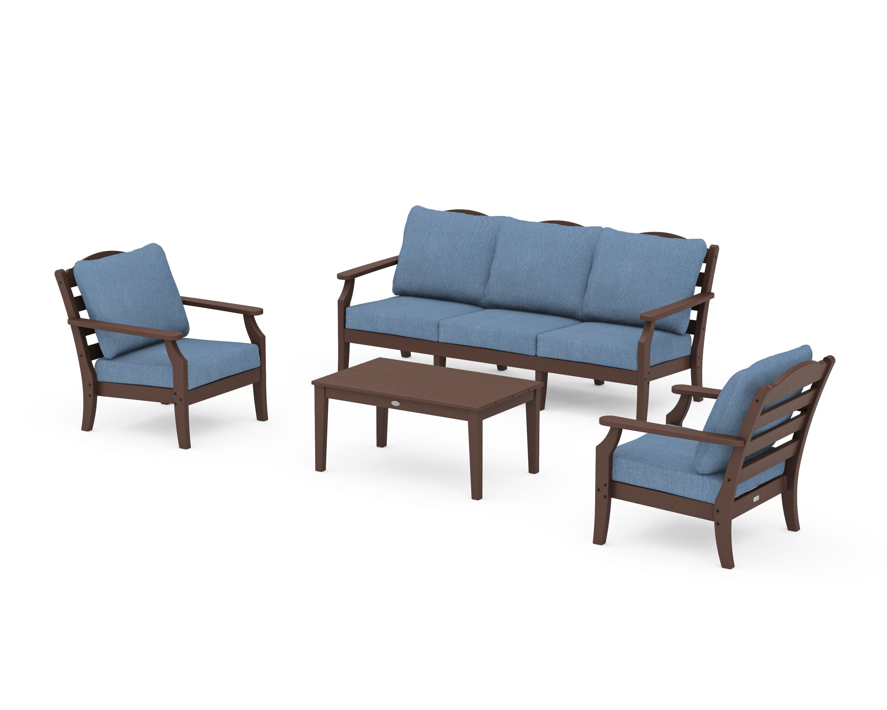 Draper James™ by  POLYWOOD® Savannah 4-Piece Deep Seating Set with Sofa in Mahogany / Sky Blue