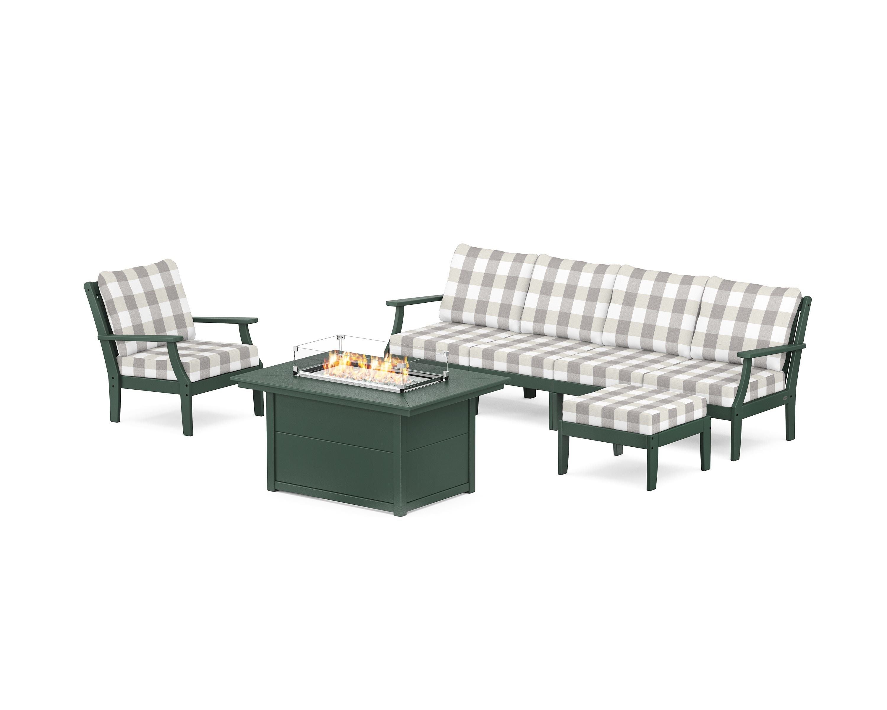 POLYWOOD® Braxton Sectional Lounge and Fire Pit Set in Green / Buffalo Plaid Grey Mist