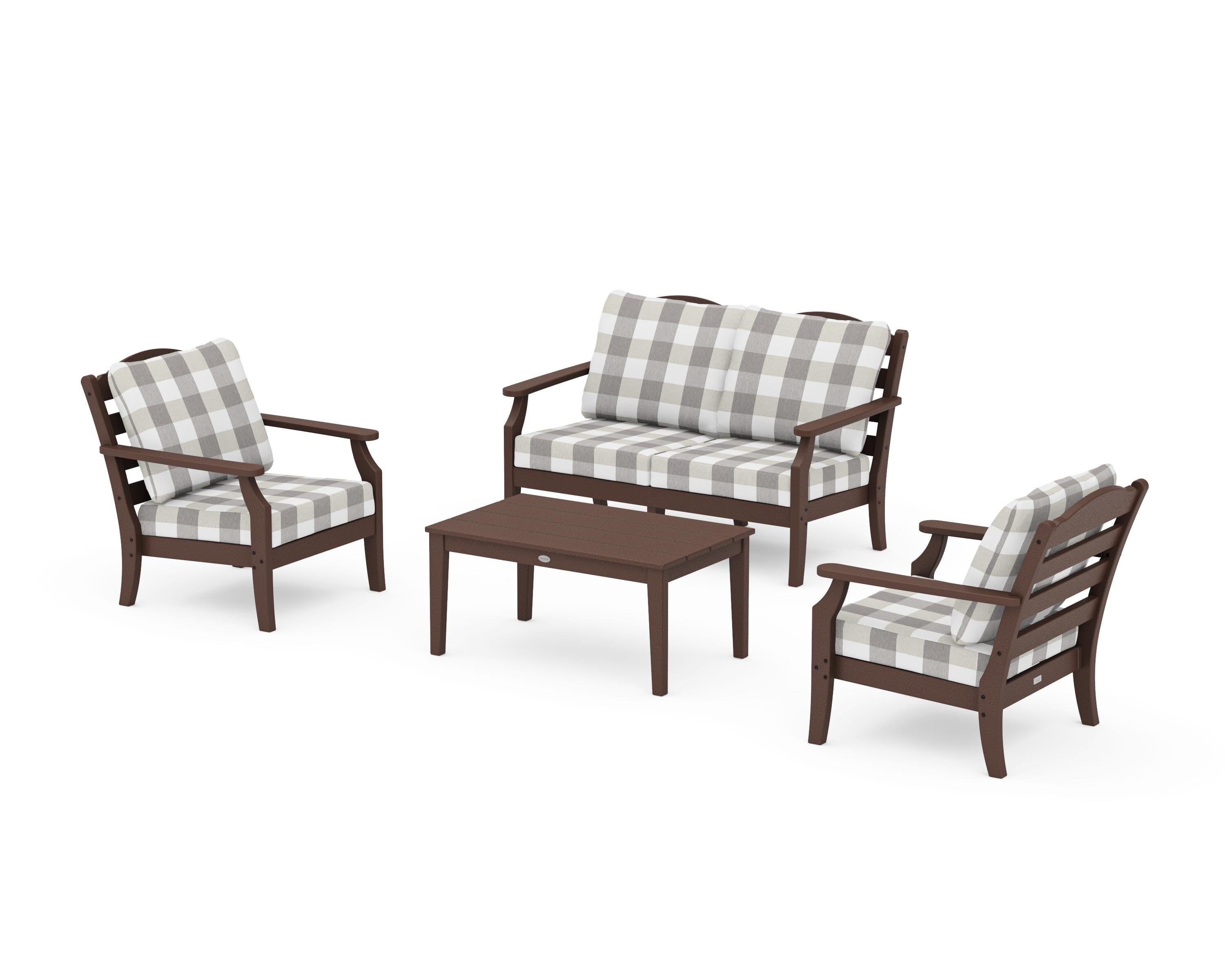 Draper James™ by  POLYWOOD® Savannah 4-Piece Deep Seating Set with Loveseat in Mahogany / Buffalo Plaid Grey Mist