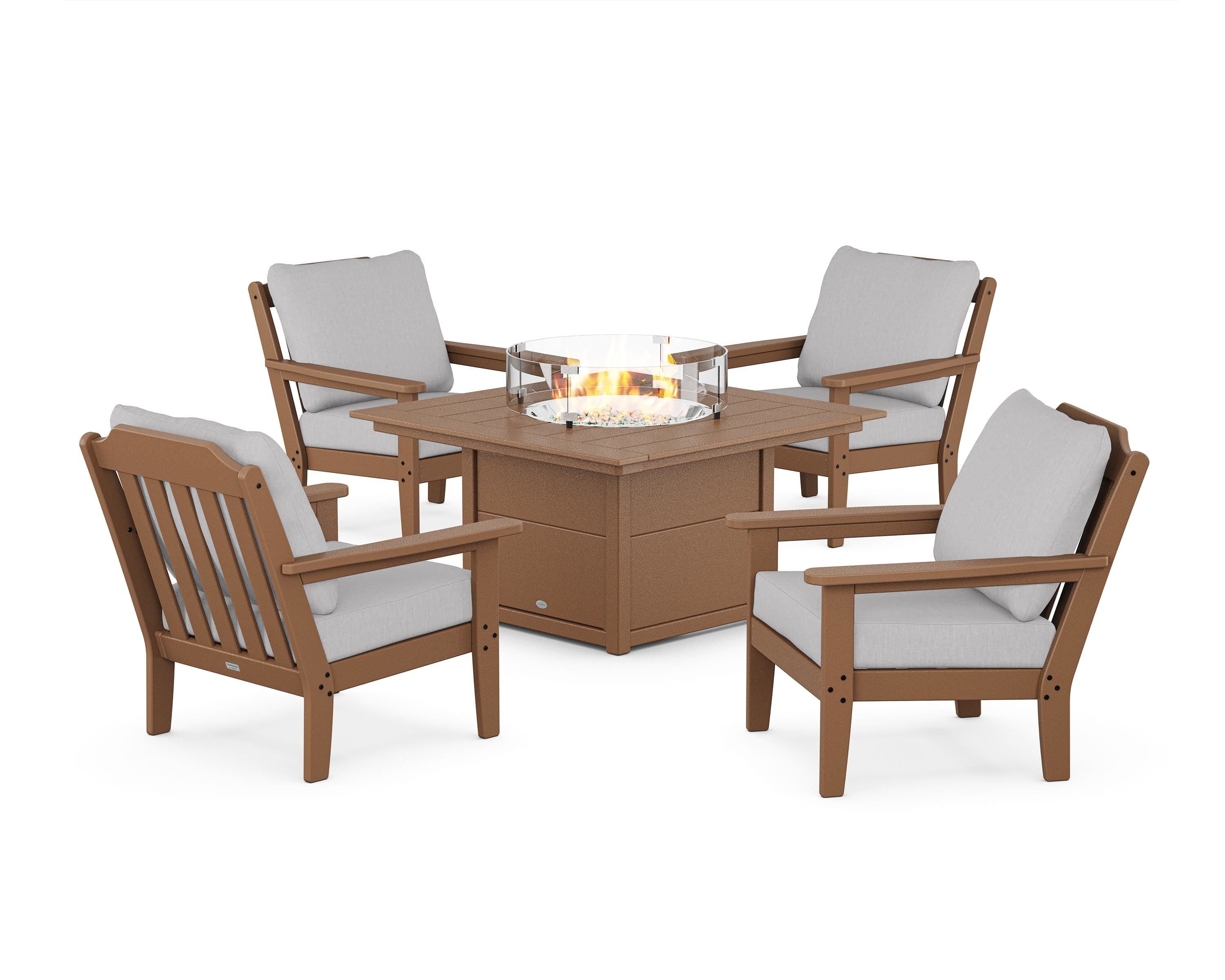 Country Living Cottage 5-Piece Deep Seating Set with Fire Pit Table in Teak / Granite