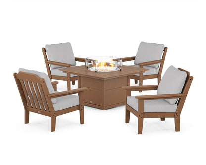 Country Living Cottage 5-Piece Deep Seating Set with Fire Pit Table in Teak / Granite