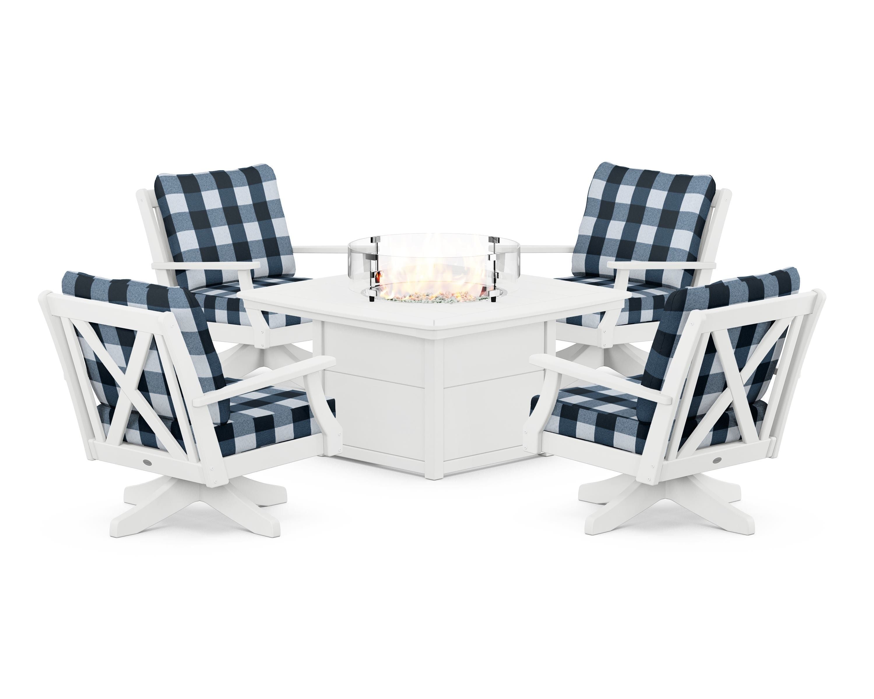 POLYWOOD® Braxton 5-Piece Deep Seating Swivel Conversation Set with Fire Pit Table in White / Buffalo Plaid Marine Indigo