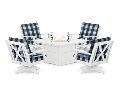 POLYWOOD® Braxton 5-Piece Deep Seating Swivel Conversation Set with Fire Pit Table in White / Buffalo Plaid Marine Indigo