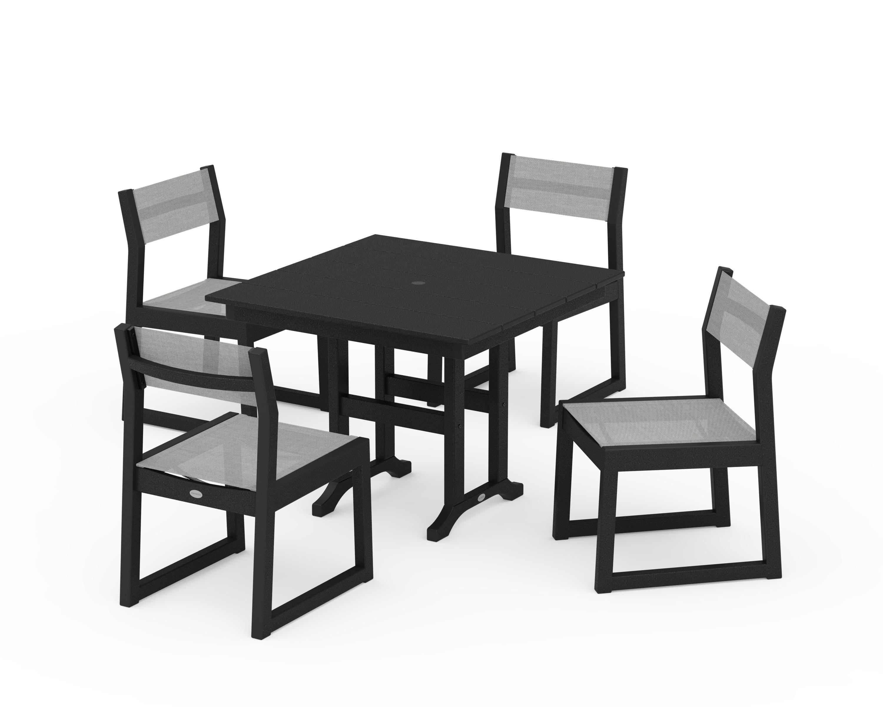 POLYWOOD® EDGE Sling Side Chair 5-Piece Farmhouse Dining Set in Black / Metallic Sling