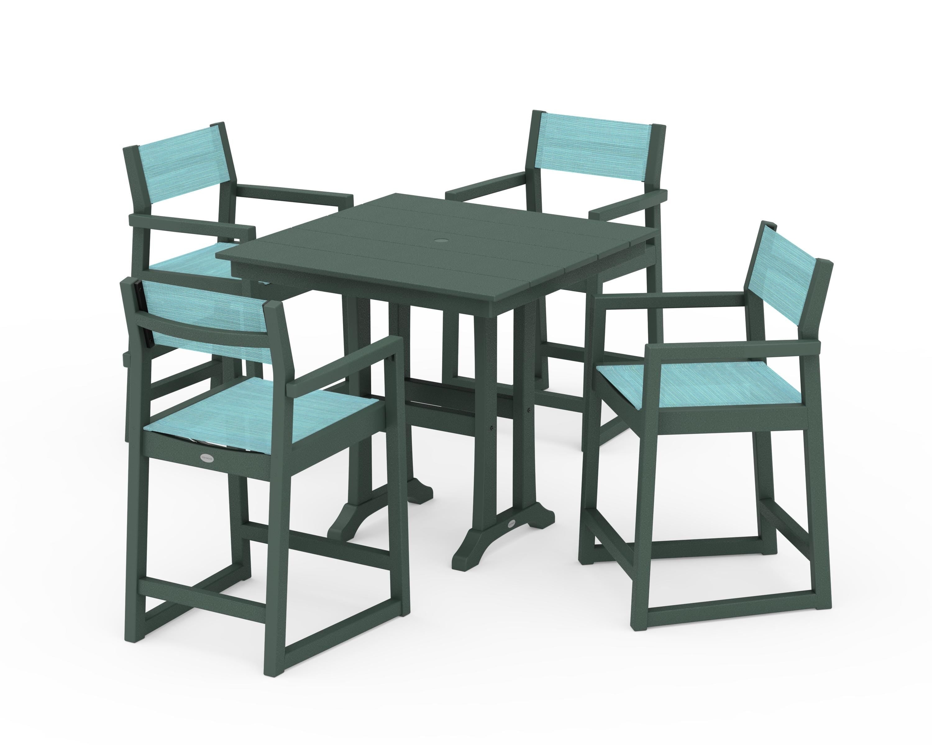 POLYWOOD® EDGE Sling Arm Chair 5-Piece Farmhouse Counter Set with Trestle Legs in Green / Dupioni Aquamarine Sling