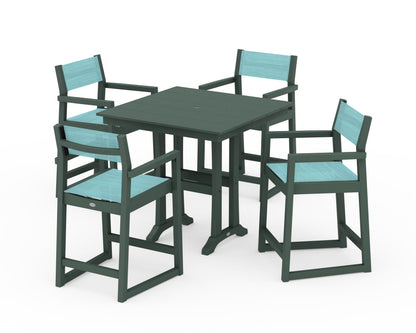 POLYWOOD® EDGE Sling Arm Chair 5-Piece Farmhouse Counter Set with Trestle Legs in Green / Dupioni Aquamarine Sling