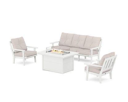 POLYWOOD® Oxford Deep Seating Fire Pit Table Set in White / Dune Burlap