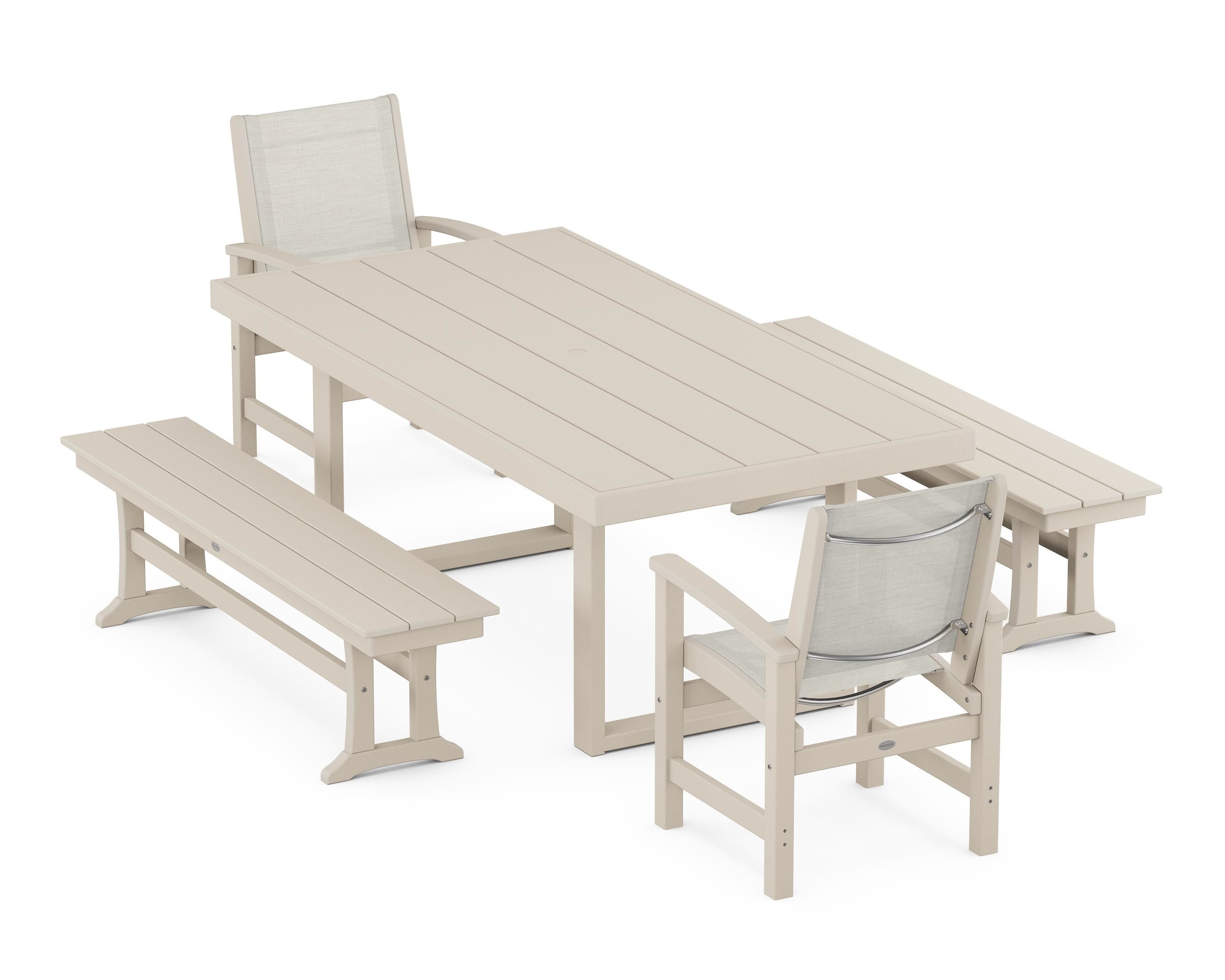 POLYWOOD® Coastal 5-Piece Dining Set with Trestle Legs in Sand / Parchment Sling
