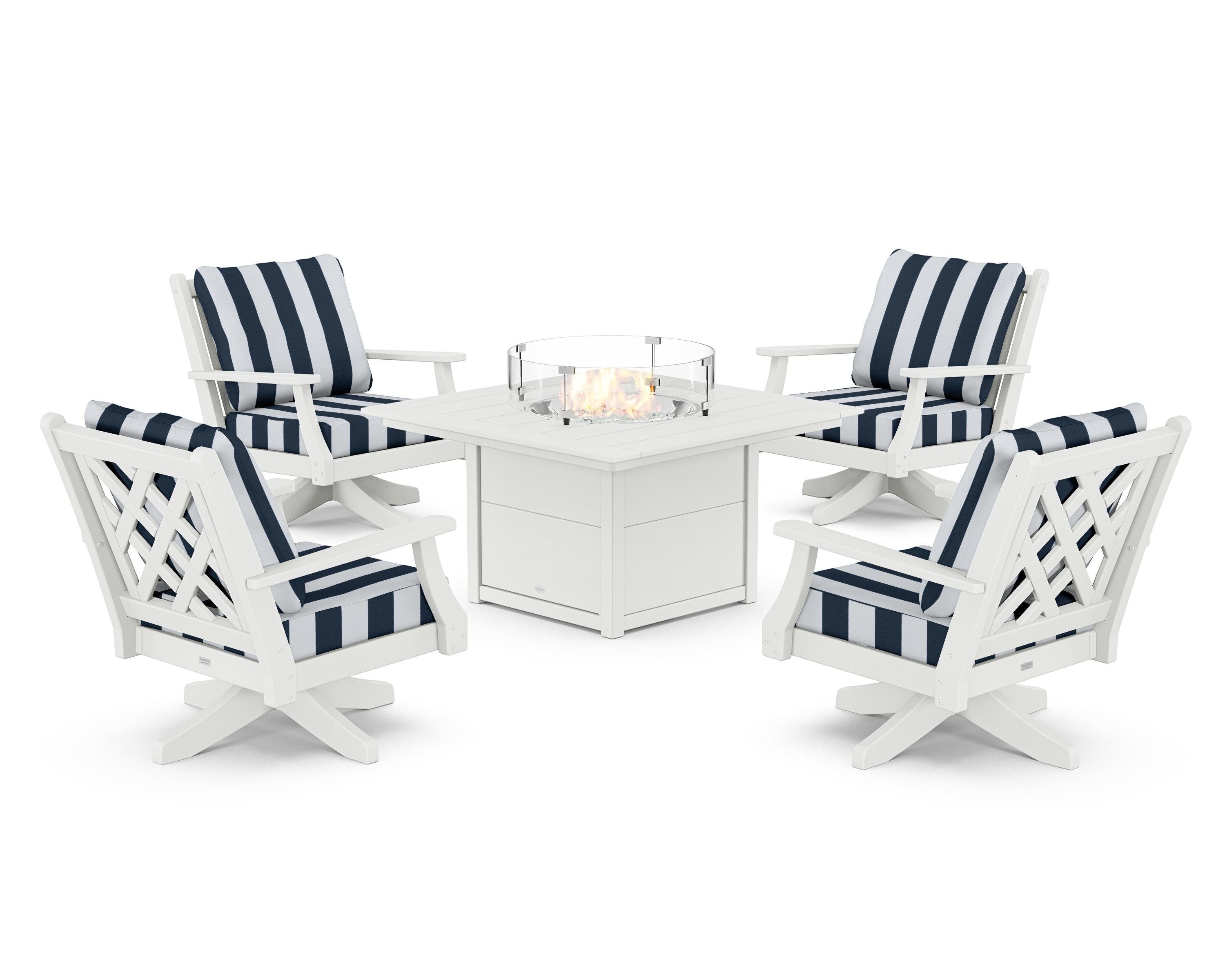 Country Living Wovendale 5-Piece Deep Seating Swivel Conversation Set with Fire Pit Table in White / Cabana Stripe Marine Indigo