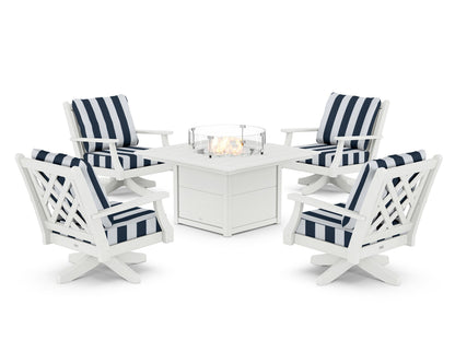 Country Living Wovendale 5-Piece Deep Seating Swivel Conversation Set with Fire Pit Table in White / Cabana Stripe Marine Indigo