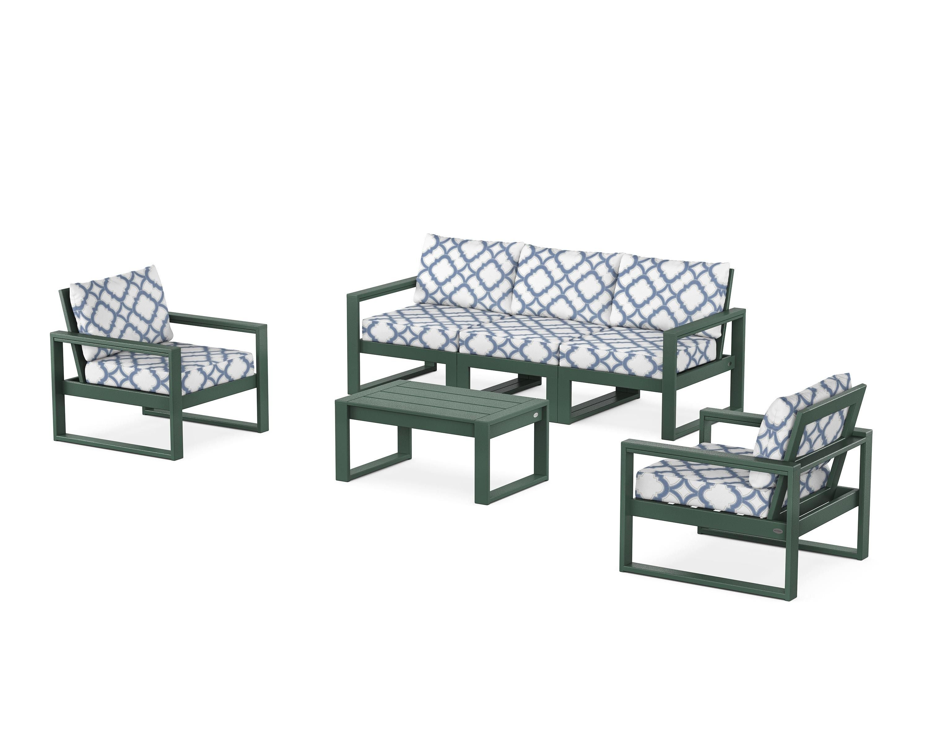 POLYWOOD® EDGE Sectional 4-Piece Deep Seating Set with Sofa in Green / Trellis Sky Blue