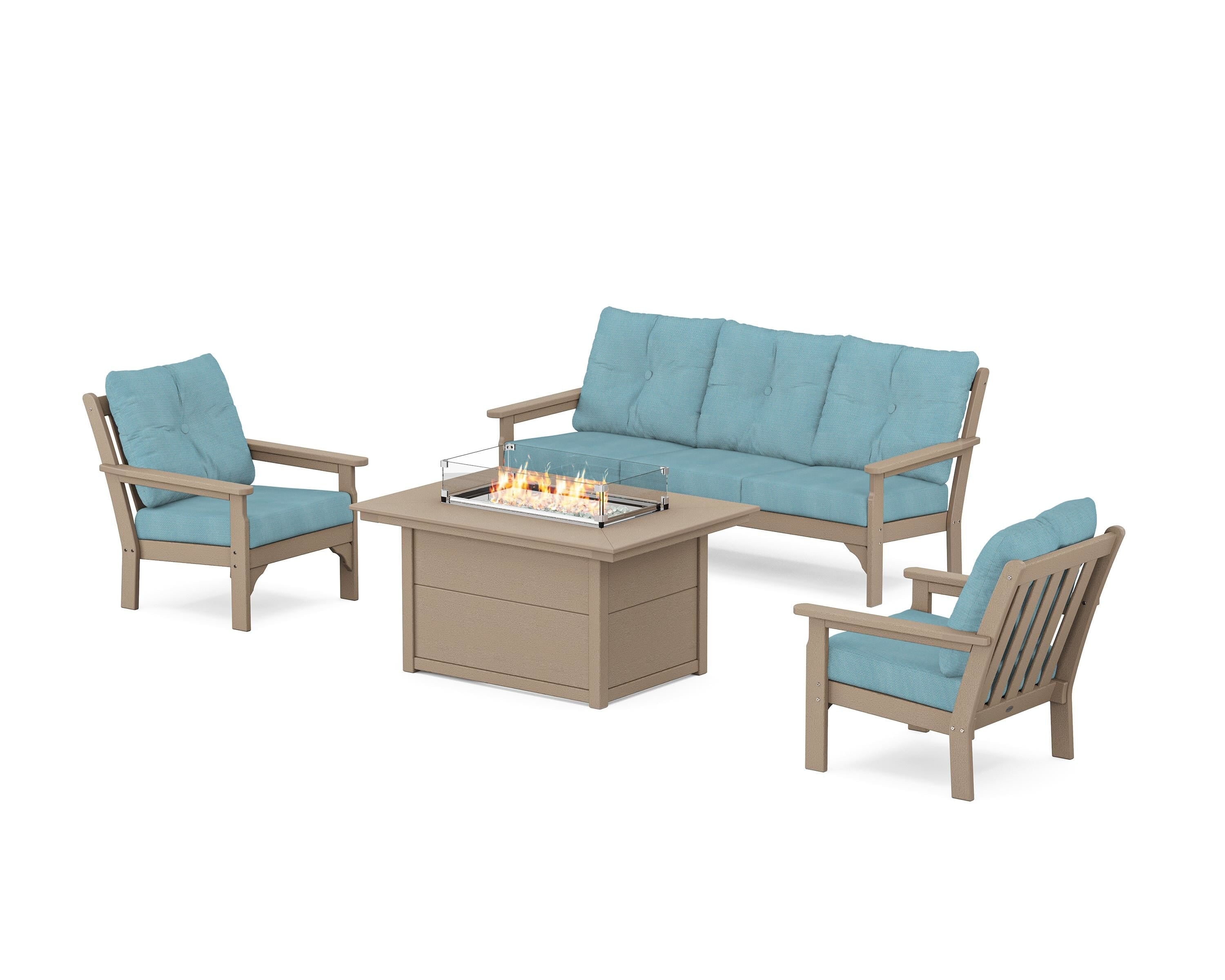 POLYWOOD® Vineyard Deep Seating Fire Pit Table Set in Vintage Sahara / Lattice Sky Blue
