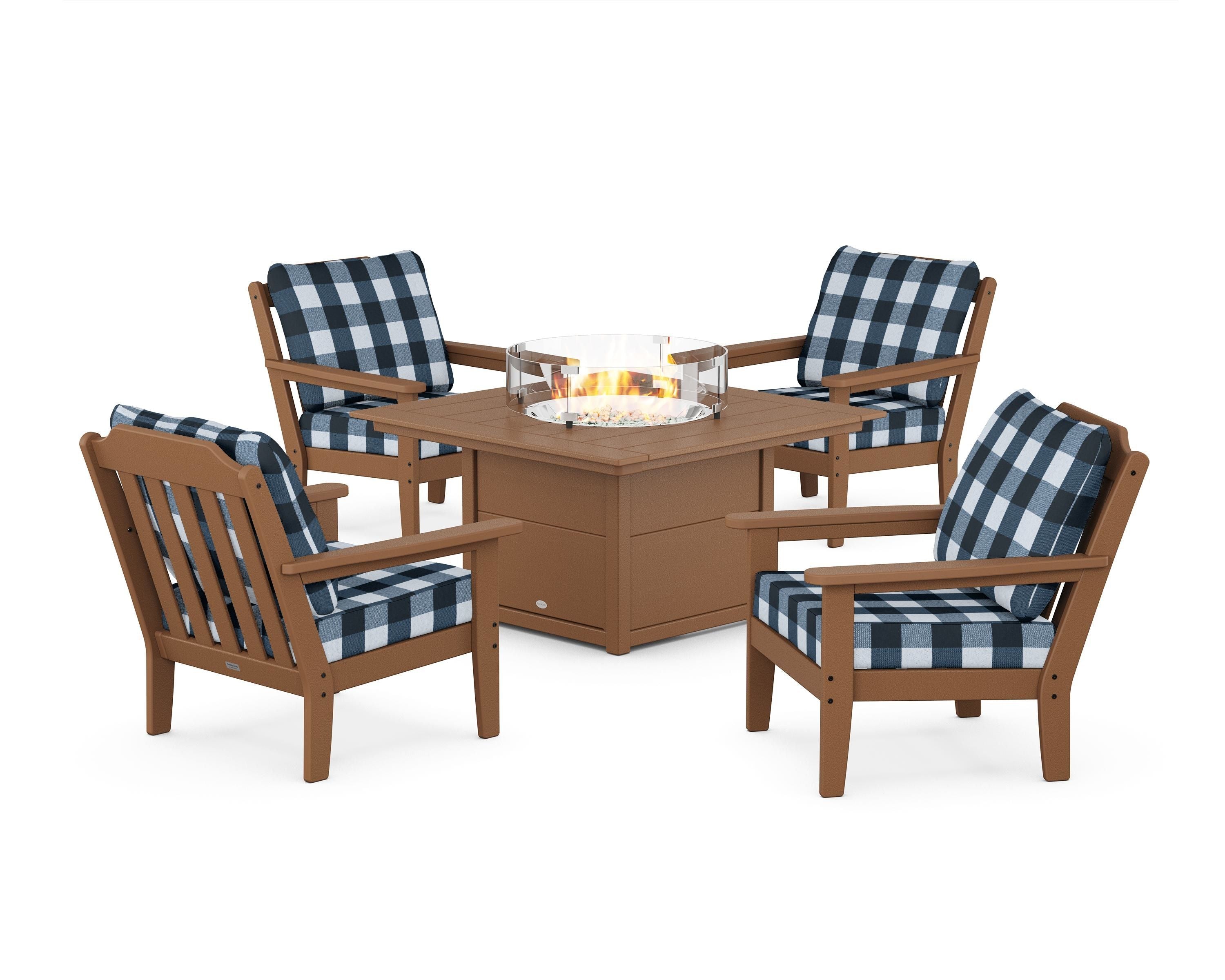 Country Living Cottage 5-Piece Deep Seating Set with Fire Pit Table in Teak / Buffalo Plaid Marine Indigo