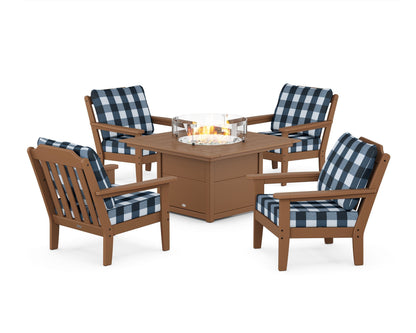 Country Living Cottage 5-Piece Deep Seating Set with Fire Pit Table in Teak / Buffalo Plaid Marine Indigo