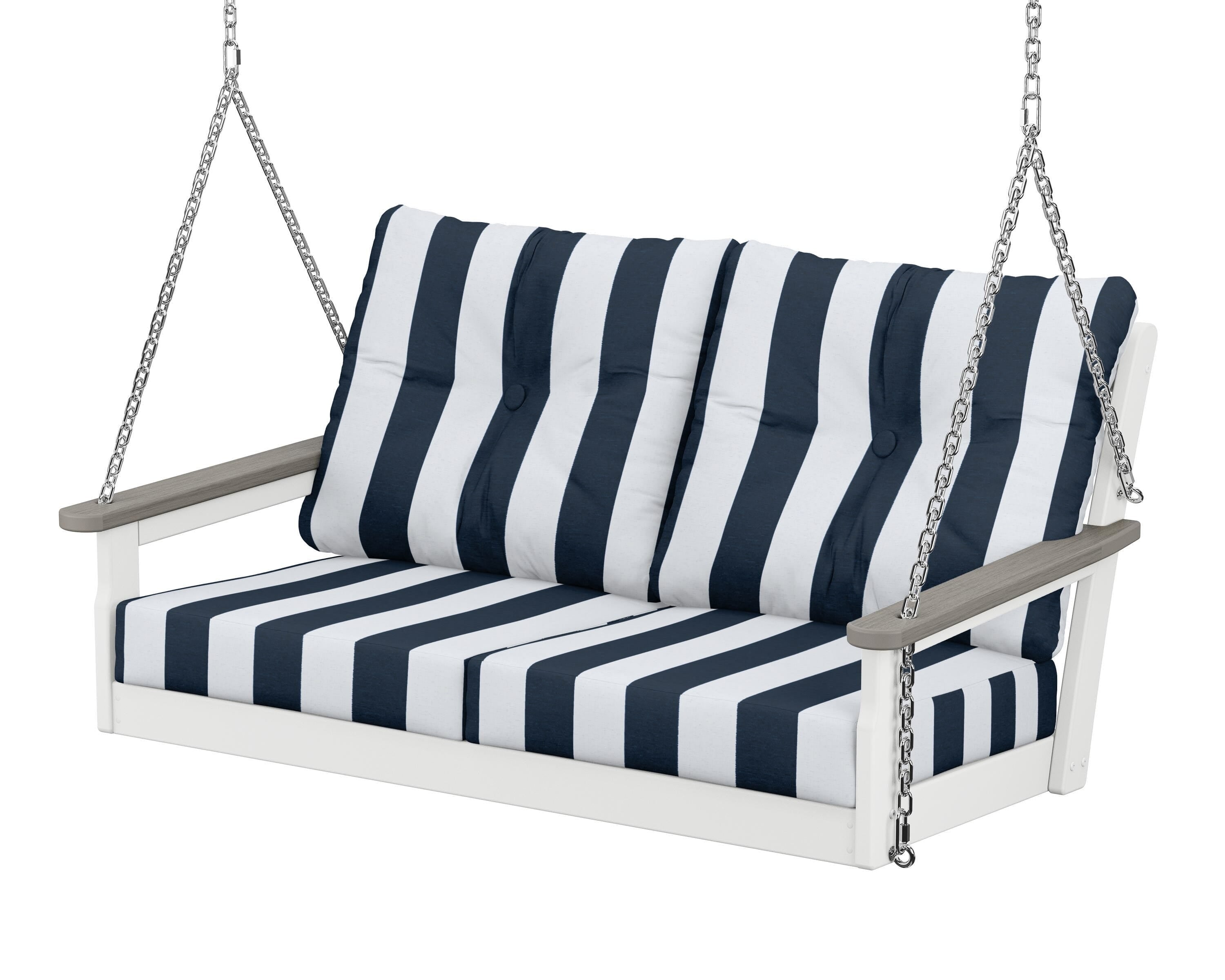 POLYWOOD® Vineyard Deep Seating Swing in White / Driftwood / Cabana Stripe Marine Indigo