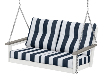 POLYWOOD® Vineyard Deep Seating Swing in White / Driftwood / Cabana Stripe Marine Indigo