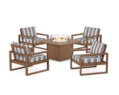 POLYWOOD® EDGE Sectional 5-Piece Deep Seating Set with Fire Pit Table in Teak / Cabana Stripe Grey Mist