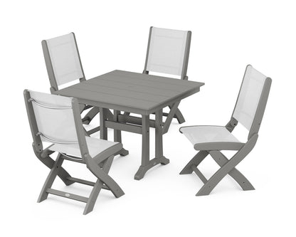 POLYWOOD® Coastal Folding Side Chair 5-Piece Farmhouse Dining Set With Trestle Legs in Slate Grey / White Sling