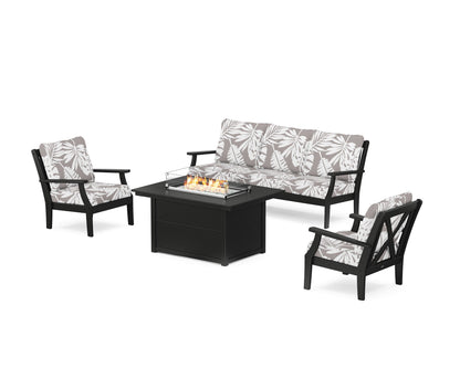 POLYWOOD® Braxton Deep Seating Fire Pit Table Set in Black / Leaf Grey Mist
