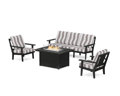 POLYWOOD® Prairie Deep Seating Fire Pit Table Set in Black / Cabana Stripe Grey Mist