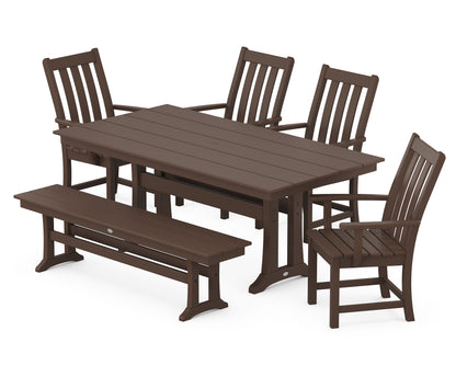 POLYWOOD® Vineyard 6-Piece Arm Chair Farmhouse Dining Set with Trestle Legs and Bench in Mahogany
