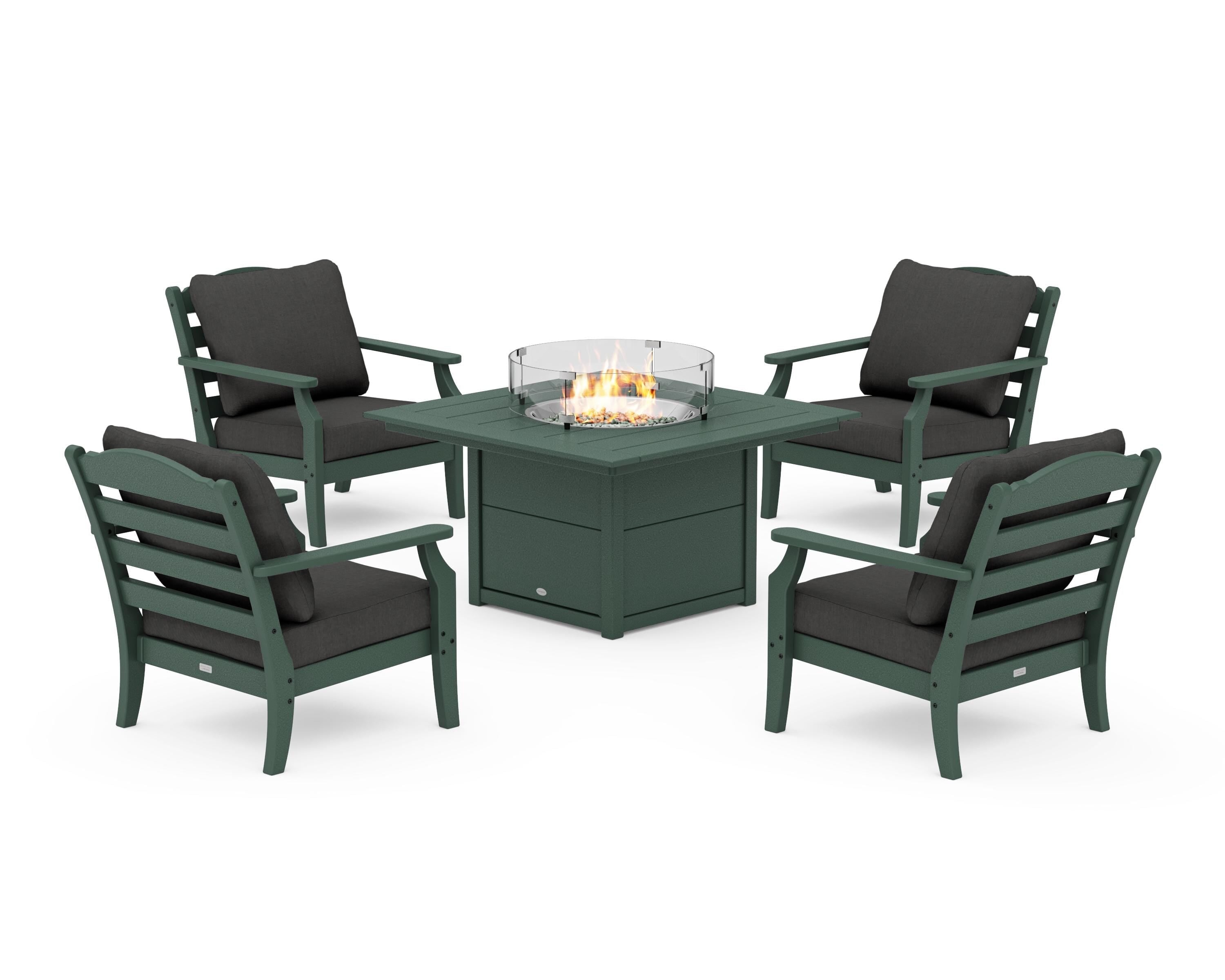 Draper James™ by  POLYWOOD® Savannah 5-Piece Deep Seating Set with Fire Pit Table in Green / Spectrum Carbon