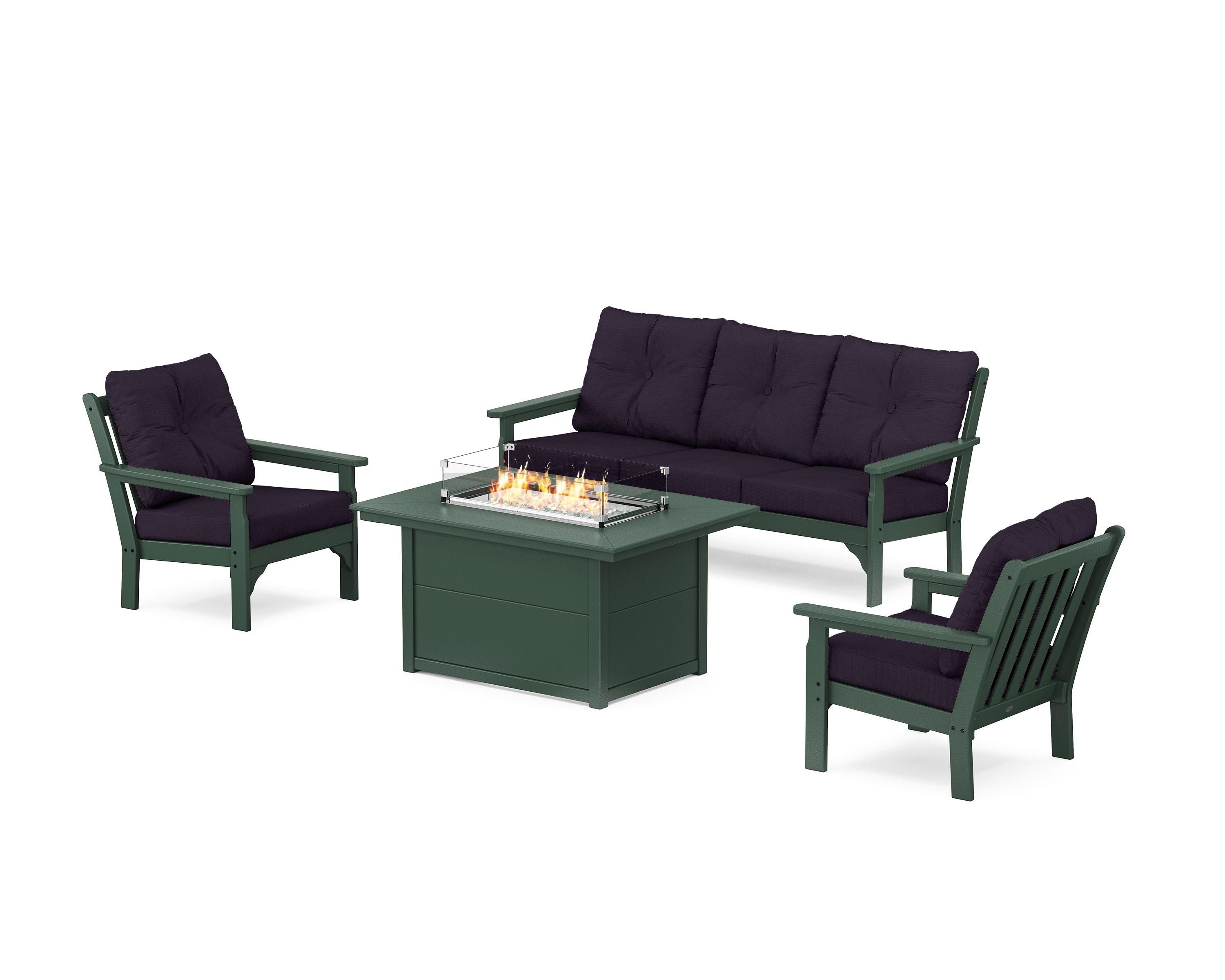 POLYWOOD® Vineyard Deep Seating Fire Pit Table Set in Green / Navy Linen