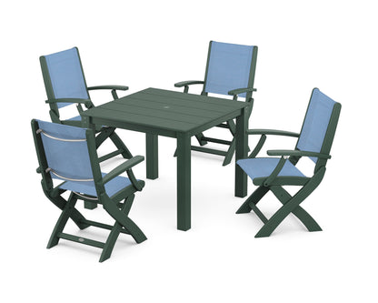 POLYWOOD® Coastal Folding Chair 5-Piece Parsons Dining Set in Green / Poolside Sling