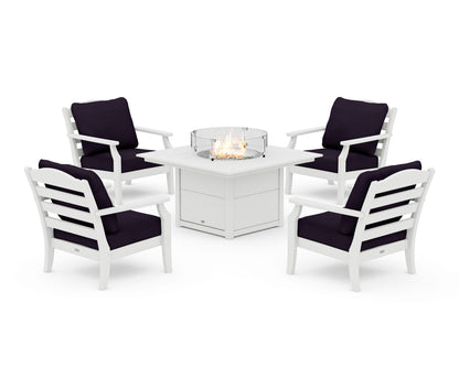 Draper James™ by  POLYWOOD® Savannah 5-Piece Deep Seating Set with Fire Pit Table in White / Navy Linen
