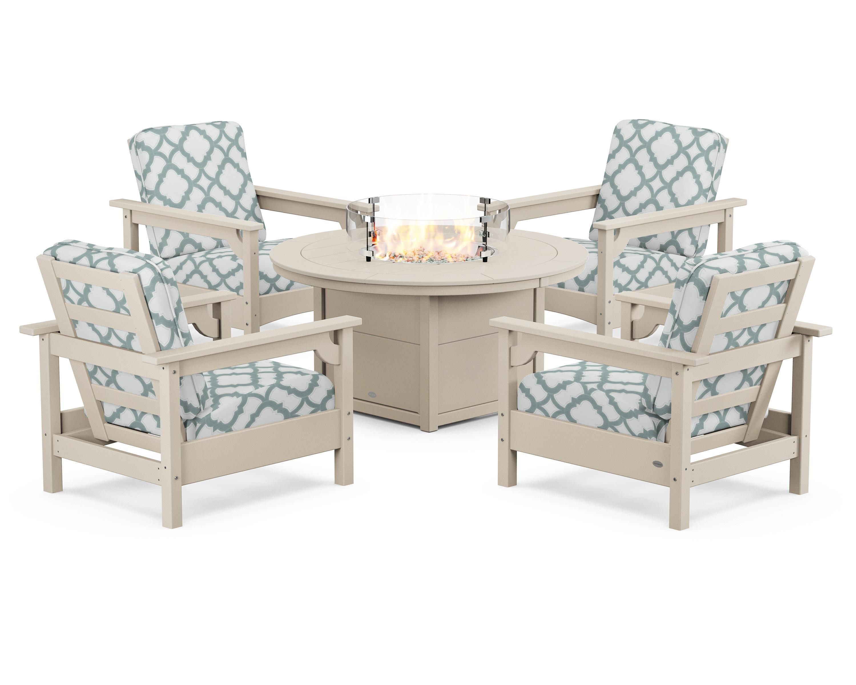 POLYWOOD® Club 5-Piece Conversation Set with Fire Pit Table in Sand / Trellis Glacier Spa