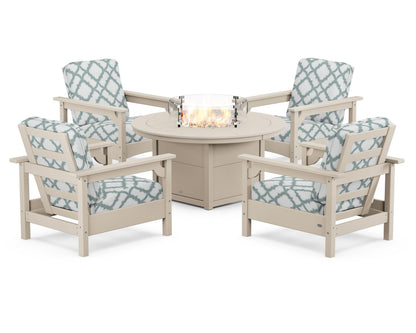 POLYWOOD® Club 5-Piece Conversation Set with Fire Pit Table in Sand / Trellis Glacier Spa
