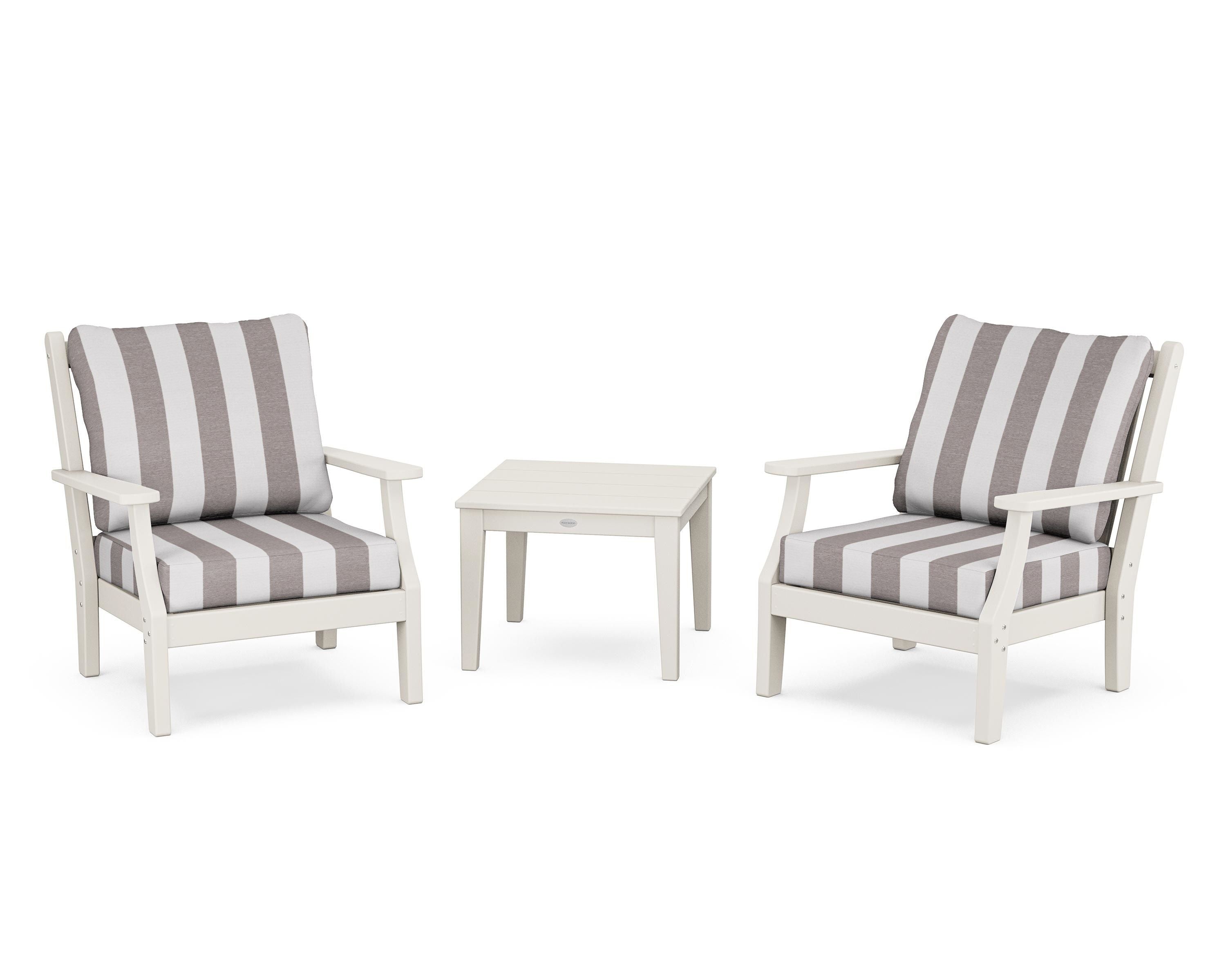 Country Living Wovendale 3-Piece Deep Seating Set in Sand / Cabana Stripe Grey Mist